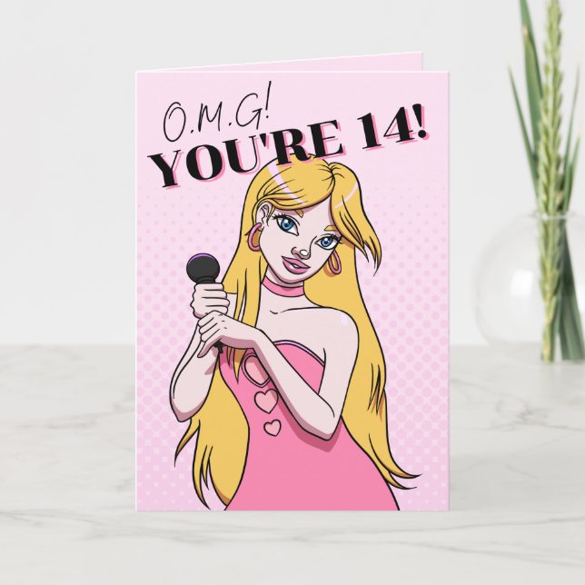 Teen Girl Pink Cartoon Pop Music 14th Birthday Card (Front)