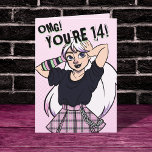 Teen Girl Pink Cartoon Punk 14th Birthday Card<br><div class="desc">Another cool birthday card by JessicaAmber! This card features a cartoon teen girl with white hair, wearing a punk outfit with a pink plaid skirt, drawn in an anime style. Text on front says 'OMG! You're 14!' Which you can change to any number you want. You can customise the text...</div>