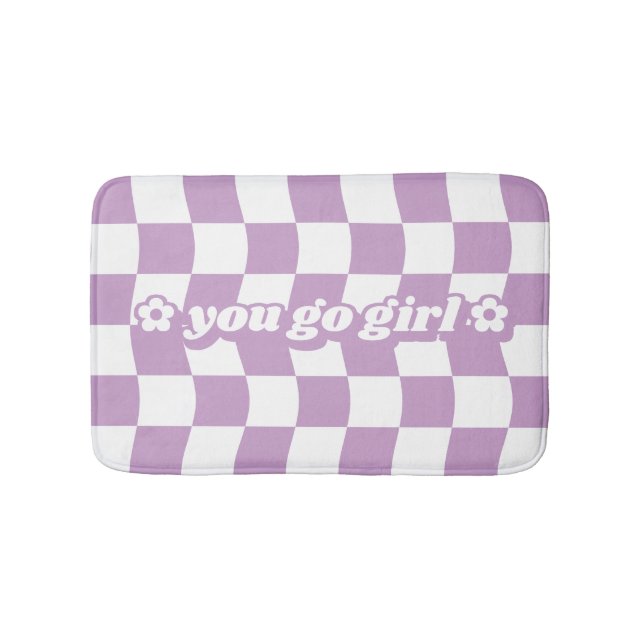 Teen Girl Purple White Checkerboard Pattern Slogan Bath Mat (Front)
