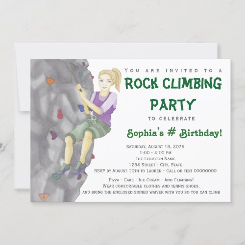 Teen Girl Rock Climbing Birthday Party Invitations