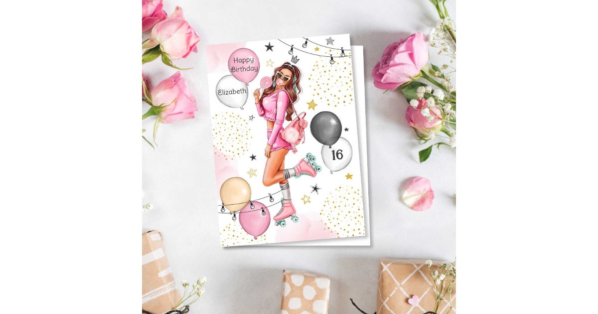 Teen Girl Rollers Balloons Happy Birthday Holiday Card | Zazzle