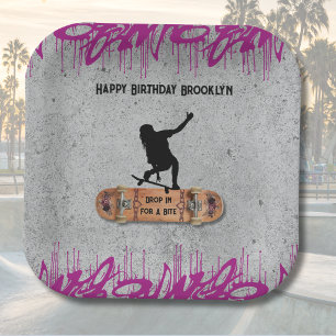Teen Girl Skateboard Birthday Purple Graffiti Grun Paper Plates