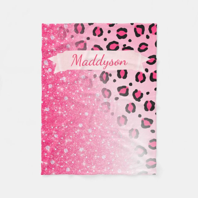 Teen Girls Personalized Sparkly Leopard Print Fleece Blanket (Front)