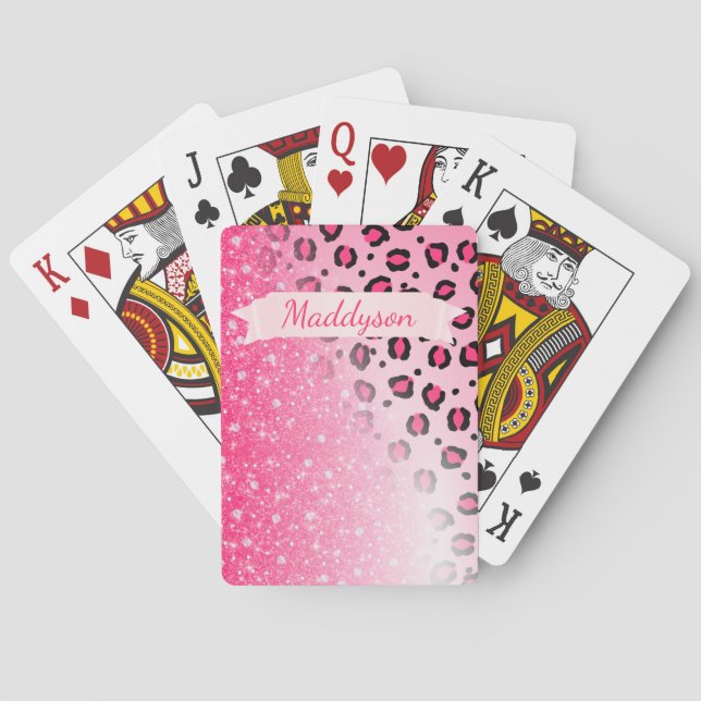 Teen Girls Personalized Sparkly Leopard Print Poker Cards (Back)