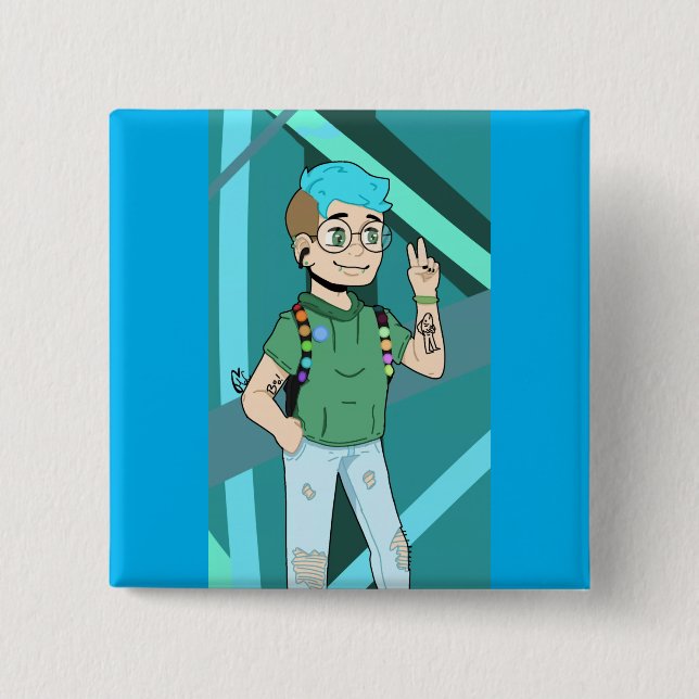 teen in glasses peace sign button (Front)