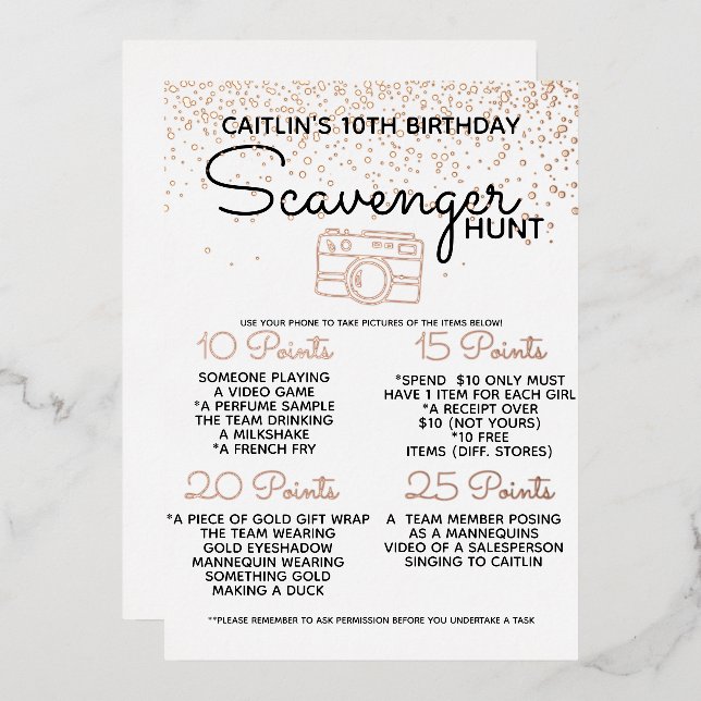 Teen & Kids Mall Photo Scavenger Hunt Game - Fun Foil Invitation (Front/Back)