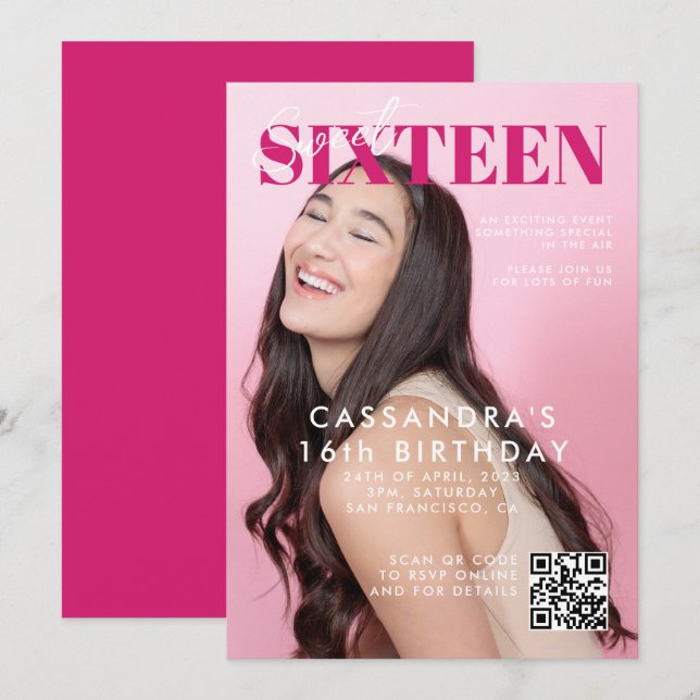 Teen Magazine Cover QR Code Sweet Sixteen Birthday Invitation (Front/Back)
