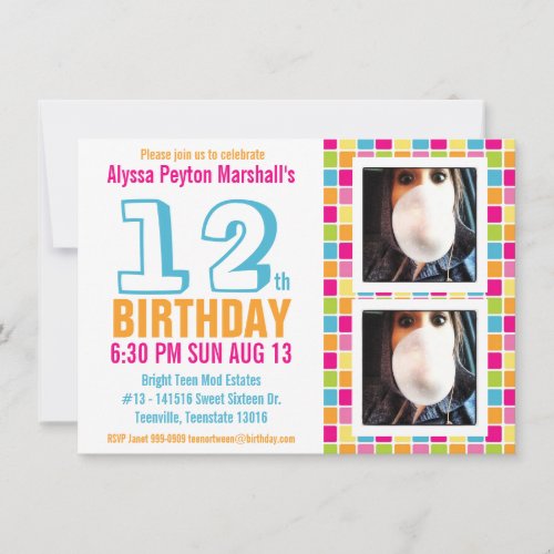 Teen or Tween Colorful Photo Birthday Invitation