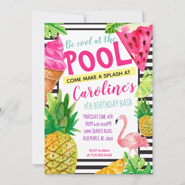 Teen Pool Party, Flamingo, Pineapple Invitation (Front)