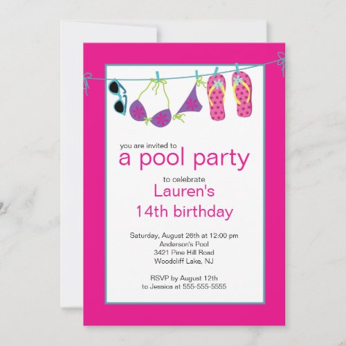 Teen Pool Party Invitation Flip Flops Clothesline