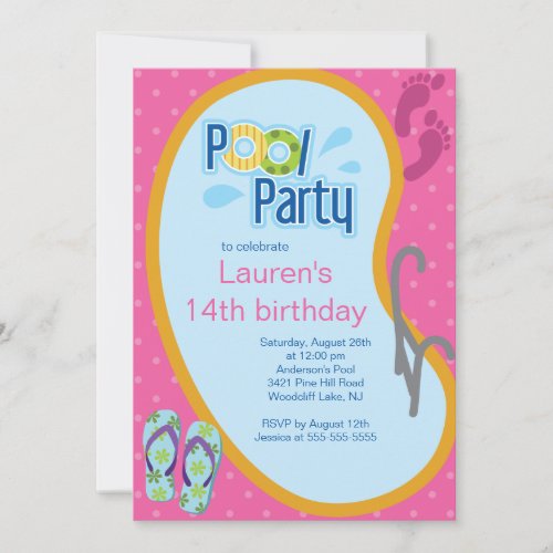 Teen Swimming Pool Party Invitation Flip Flops