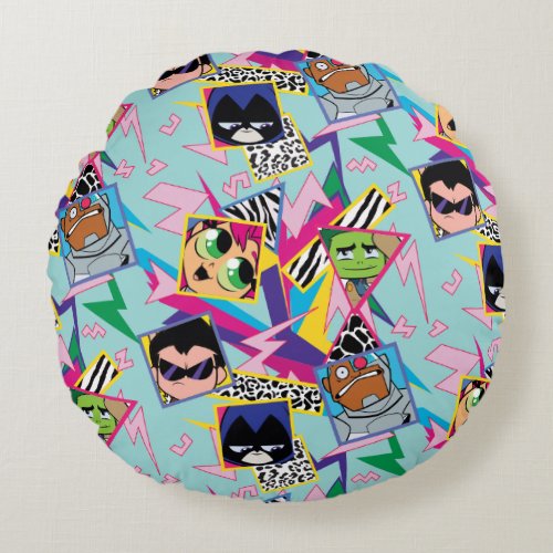 Teen Titans Go  Retro 90s Group Collage Round Pillow