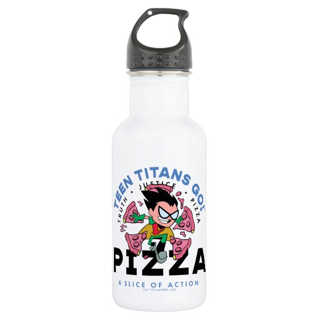 Teen Titans Go! Robin "Truth Justice Pizza" Stainless Steel Water Bottle (Front)