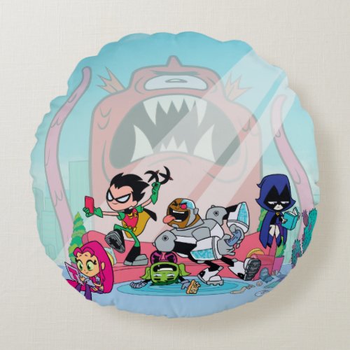 Teen Titans Go  Tentacled Monster Approaches Round Pillow