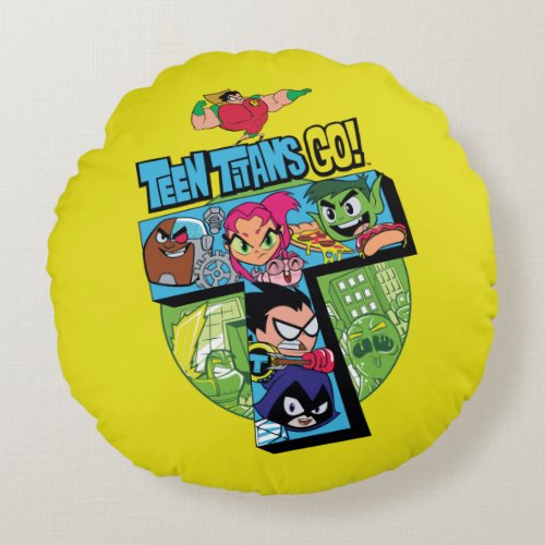 Teen Titans Go  Titans Tower Collage Round Pillow