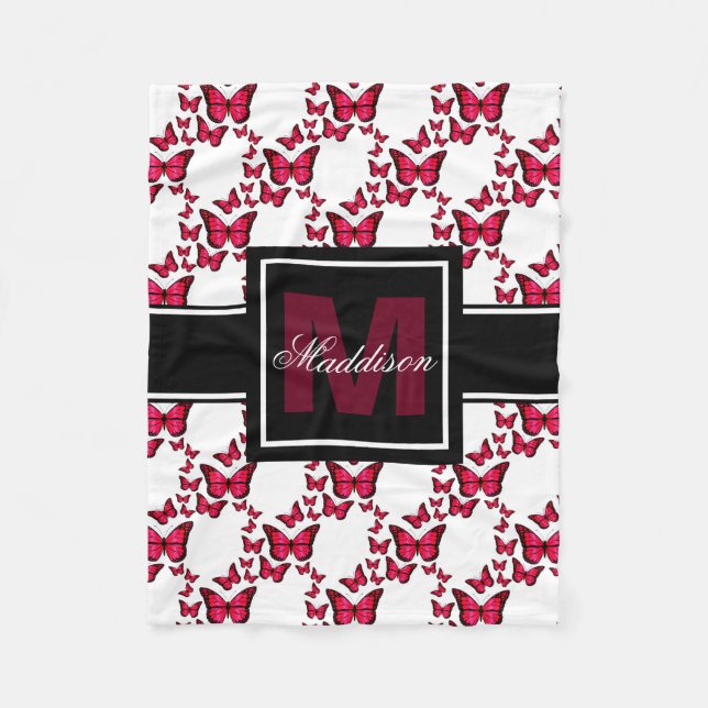 Teen Tween Girls Personalized Monogram Butterfly Fleece Blanket (Front)