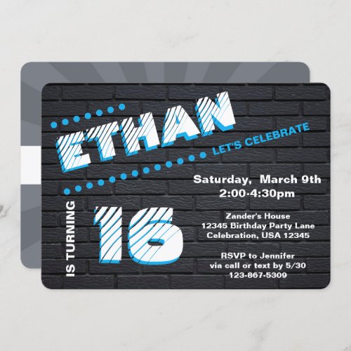 TeenTween Graffiti Brick Wall Birthday Boy Party Invitation