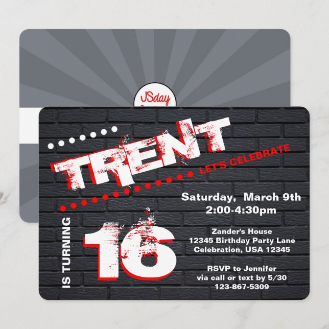Teen/Tween Graffiti Brick Wall Birthday Boy Party Invitation (Front/Back)