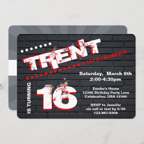 TeenTween Graffiti Brick Wall Birthday Boy Party Invitation