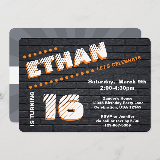 Teen/Tween Graffiti Brick Wall Birthday Boy Party Invitation (Front/Back)