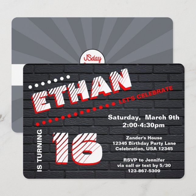 Teen/Tween Graffiti Brick Wall Birthday Boy Party Invitation (Front/Back)