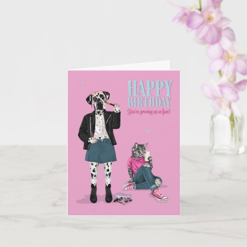 Teenage Birthday for Her Dog and Cat Dress Up  Card