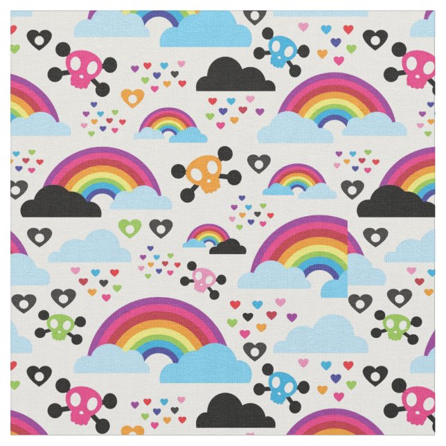 Teenage emo rainbow skull background fabric (Close Up)