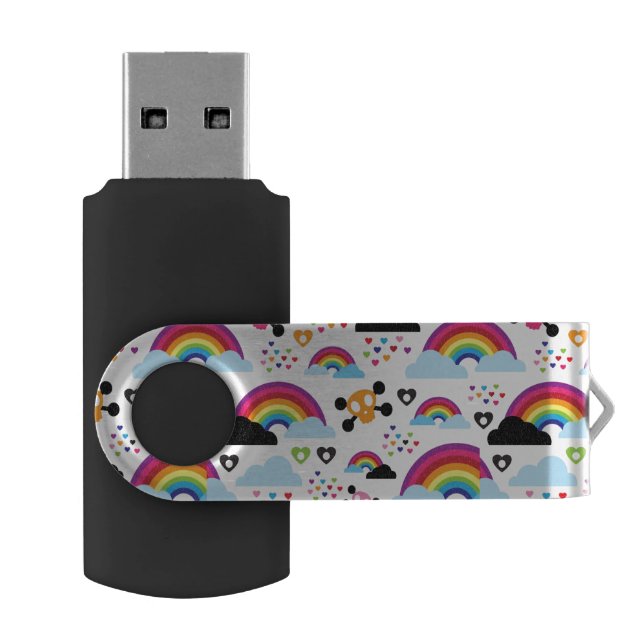 Teenage emo rainbow skull background flash drive (Opened)