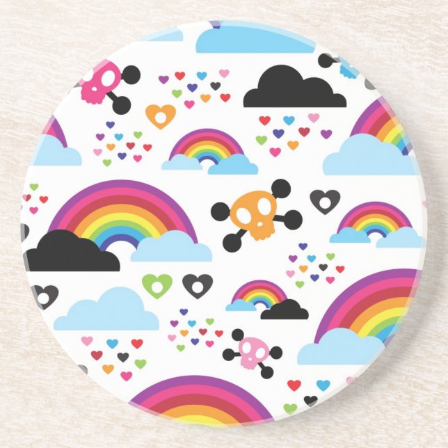 Teenage emo rainbow skull background sandstone coaster (Front)