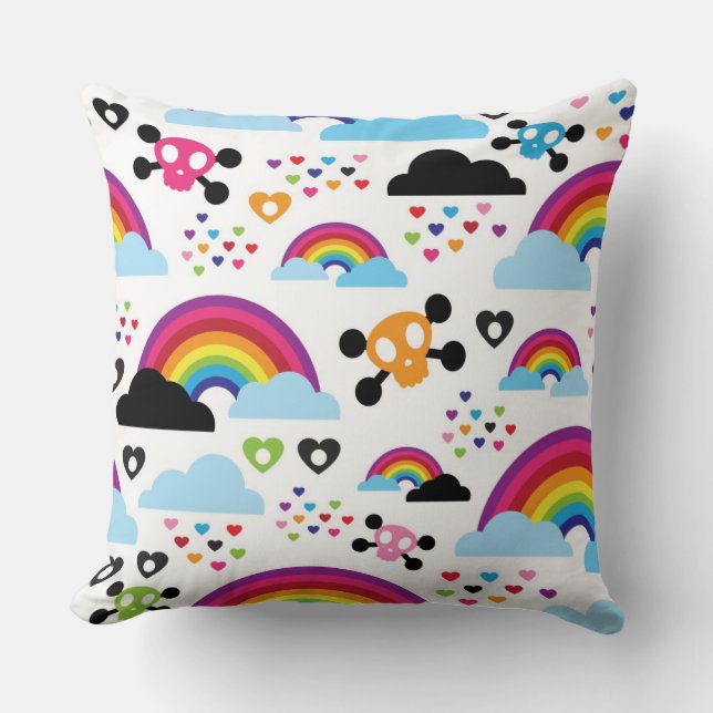 Teenage emo rainbow skull background throw pillow (Front)