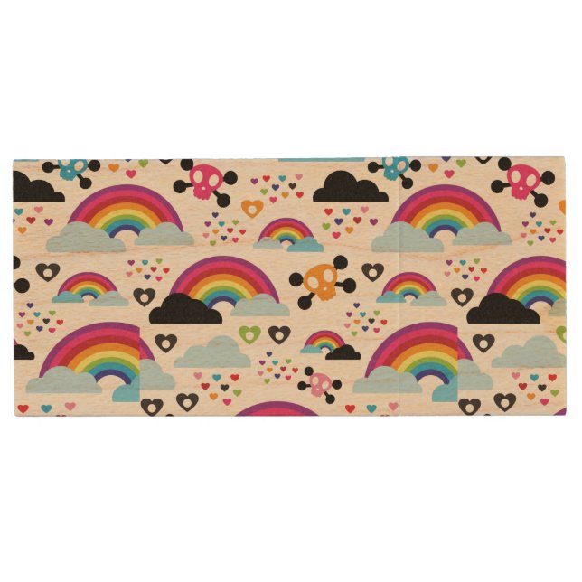 Teenage emo rainbow skull background wood USB flash drive (Front)