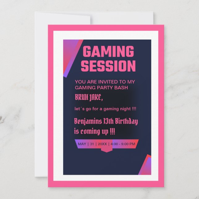 teenage gaming session birthday bash invitation (Front)