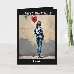 Teenage girl with red balloon Banksy style AI Card