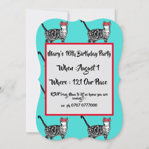 Teenage Girls Aqua Cat Birthday Invitation