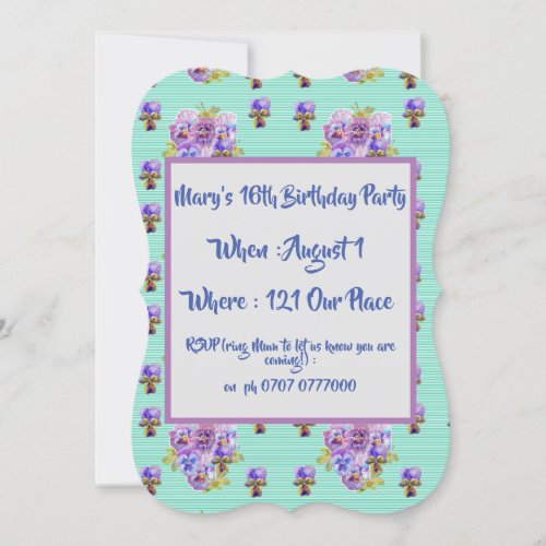 Teenage Girls Purple Floral Birthday Invitation