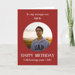 Teenage Son Photo 13th Birthday Card<br><div class="desc">Teenage Son Photo Birthday Card Red White from mom, mom, mother. For age 13. The first teenager birthday! Alternatively, you can add any relationship and add ANY AGE of birthday–14th, 15th, 16th, 17th, 18th Add your own selected photo into a red round frame to make this card a special memento...</div>
