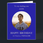 Teenager photo BIG birthday card son, 13 year old<br><div class="desc">BIG Photo Happy Birthday card for son from mum, mum, mother. For a 13 year old. Luxury card to celebrate the first teenager birthday! Alternatively, you can add any relationship and add any age. Fex, 15th, 16th, 18th. Add your own selected photo into a blue round frame to make this...</div>