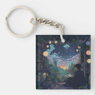 teenager sitting in his room lofi keychain
