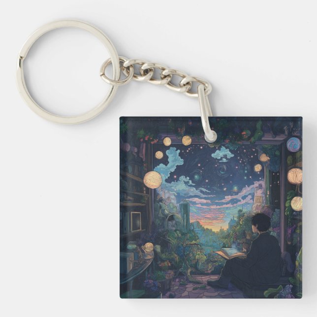 teenager sitting in his room lofi keychain (Front)