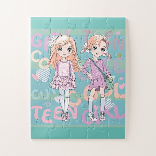 Teenagers Jigsaw Puzzle (Illustration of a jigsaw puzzle featuring two Caucasian girls, standing side by side.)