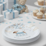 Teenie Weenie Dachshund Balloons Blue Baby Shower Paper Plates<br><div class="desc">Adorable 'A Teenie Weenie Baby is on His Way' paper plates - personalized for the mom-to-be's baby shower. The plates are illustrated with a dachshund in a blue sweater, being carried by a bunch of soft blue and neutral beige balloons, amid stars and fluffy clouds. These unique and charming paper...</div>