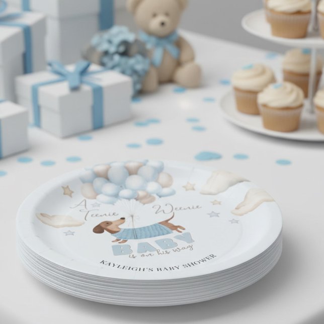 Teenie Weenie Dachshund Balloons Blue Baby Shower Paper Plates (Baby Shower Paper Plates Dachshund and balloons design in blue and beige)