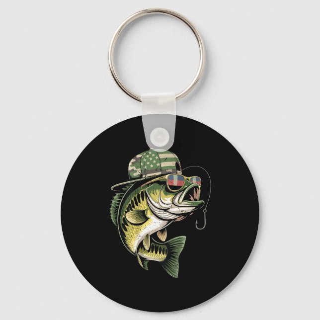 Teens boy camo bass fishing american flag fishing keychain (Front)