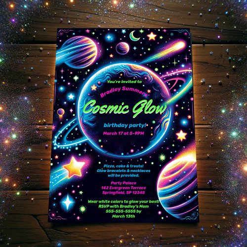 Teens Cosmic Glow Space Themed Birthday Party Invitation