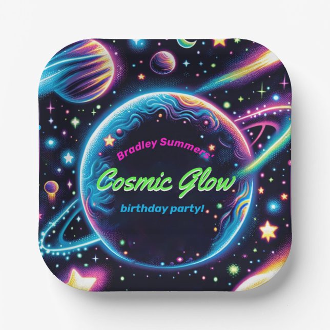 Teens Cosmic Glow Space Themed Birthday Party Paper Plates (Front)