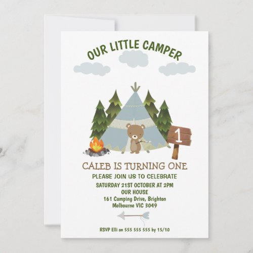 Teepee And Bear Our Little Camper 1st Birthday Invitation