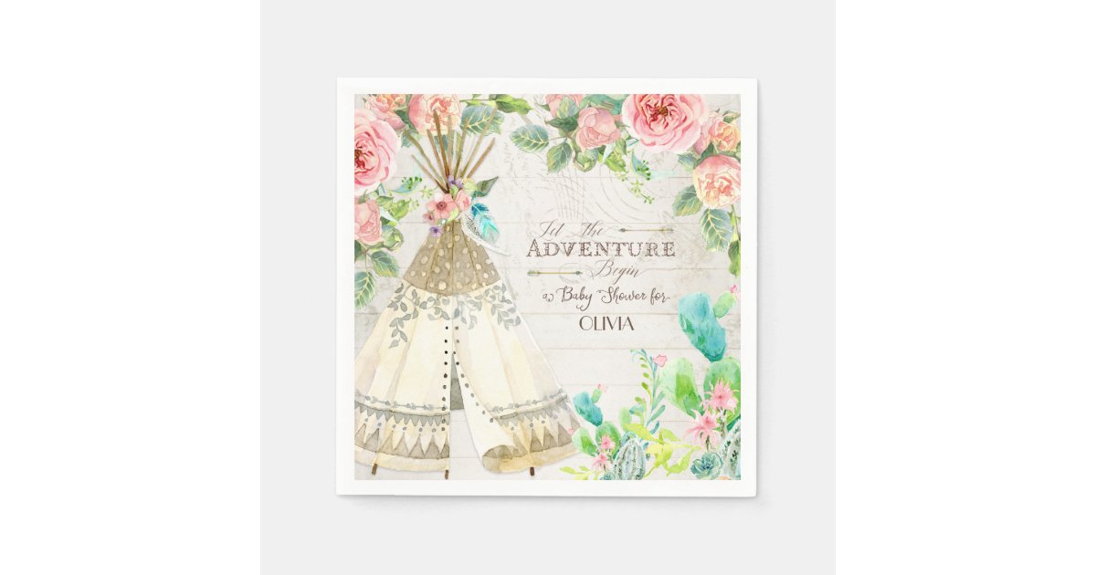 Teepee Boho Tribal Baby Girl Shower Roses Cactus Napkins