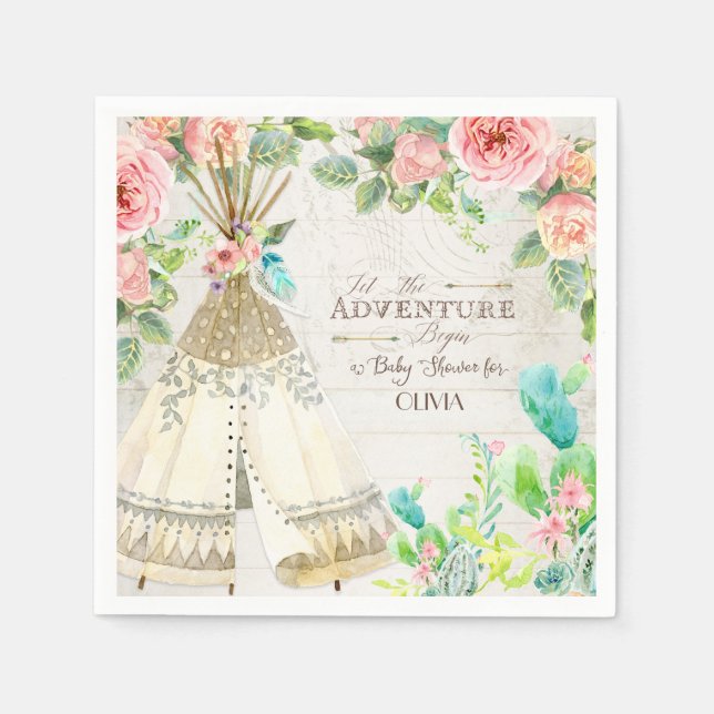 Teepee Boho Tribal Baby Girl Shower Roses Cactus Napkins (Front)