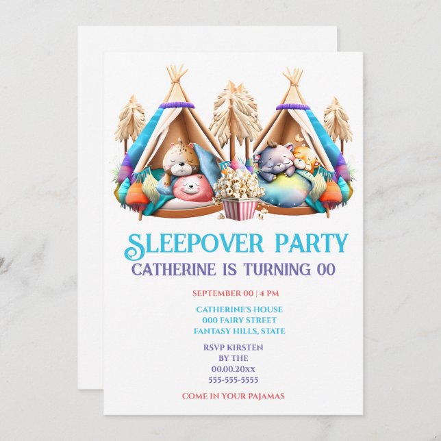 Teepee cartoon animals sleeping popcorn kids invitation (Front/Back)