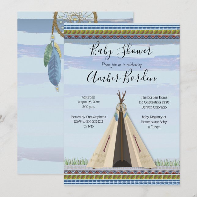 TeePee Dreamcatcher Tribal Theme Boy Baby Shower Invitation (Front/Back)